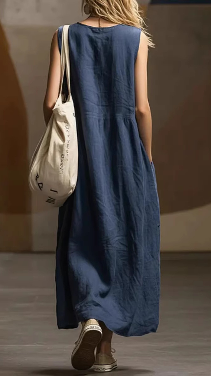 Women's Loose-Fit, Simple, Sleeveless Cotton-Linen Dress with Pockets