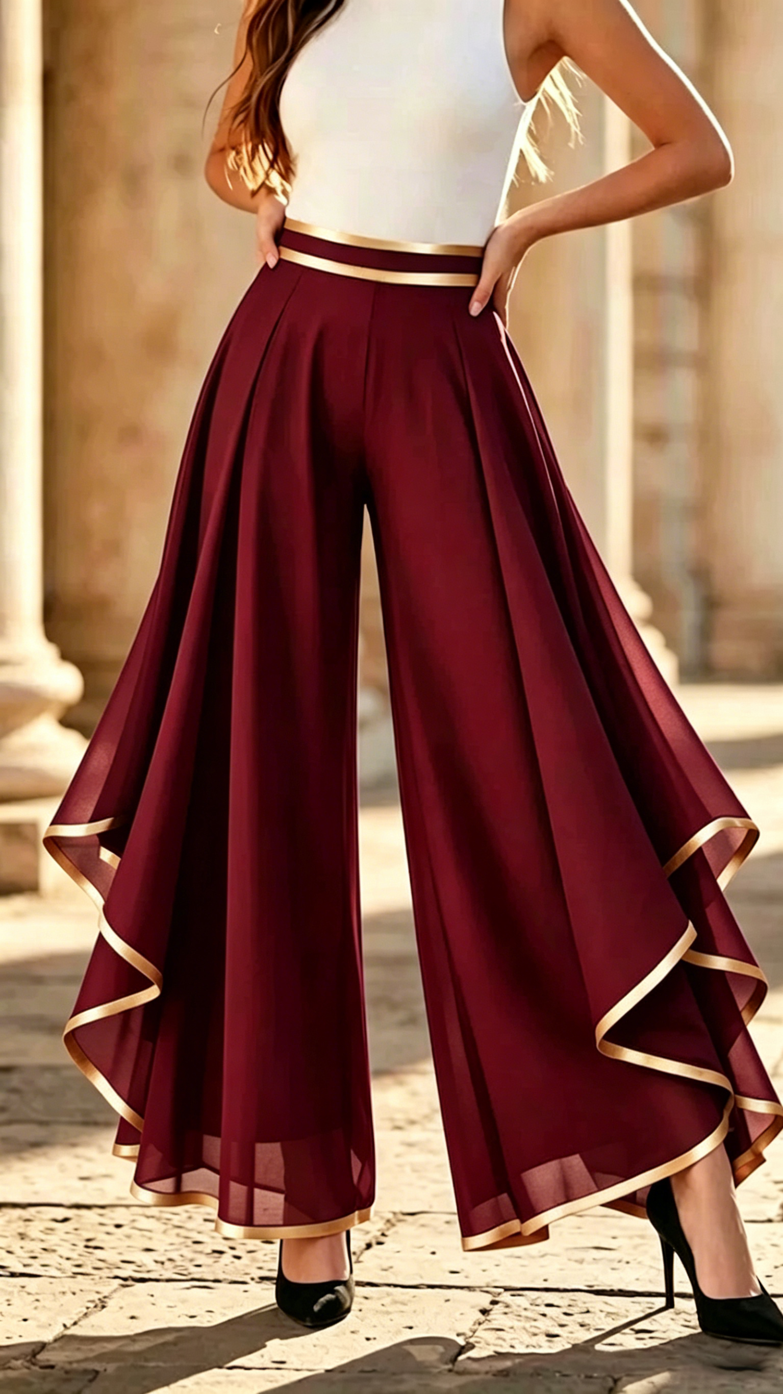 Women's Fashion Spliced ​​& Piped Layered Chiffon High-Waisted Casual Wide-Leg Pants