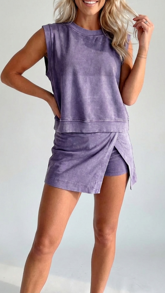 Women's Distressed-Look Pure Cotton T-Shirt & Shorts Two-Piece Set