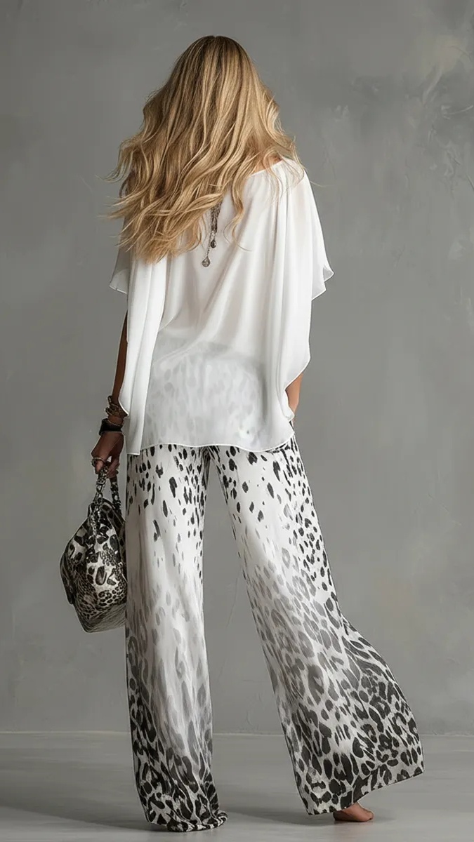 Women's Fashion Two-Piece Set: White T-Shirt & Leopard Print Chiffon Pants