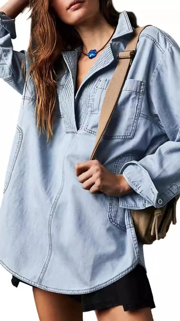 Women's Stylish V-Neck Denim Top