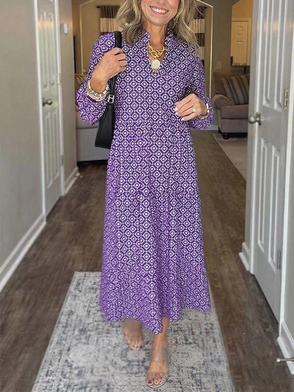 Women's V-Neck Three-Quarter Sleeve Dress with Digital Diamond Print