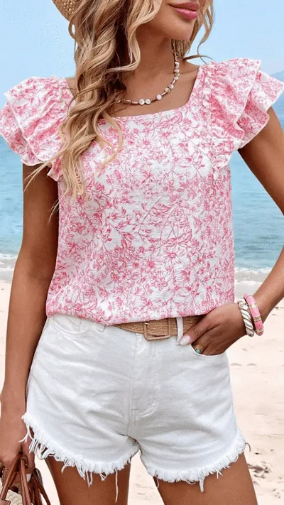 Women's Casual Floral Shirt — Short Sleeve with Ruffles and Back Bow Tie