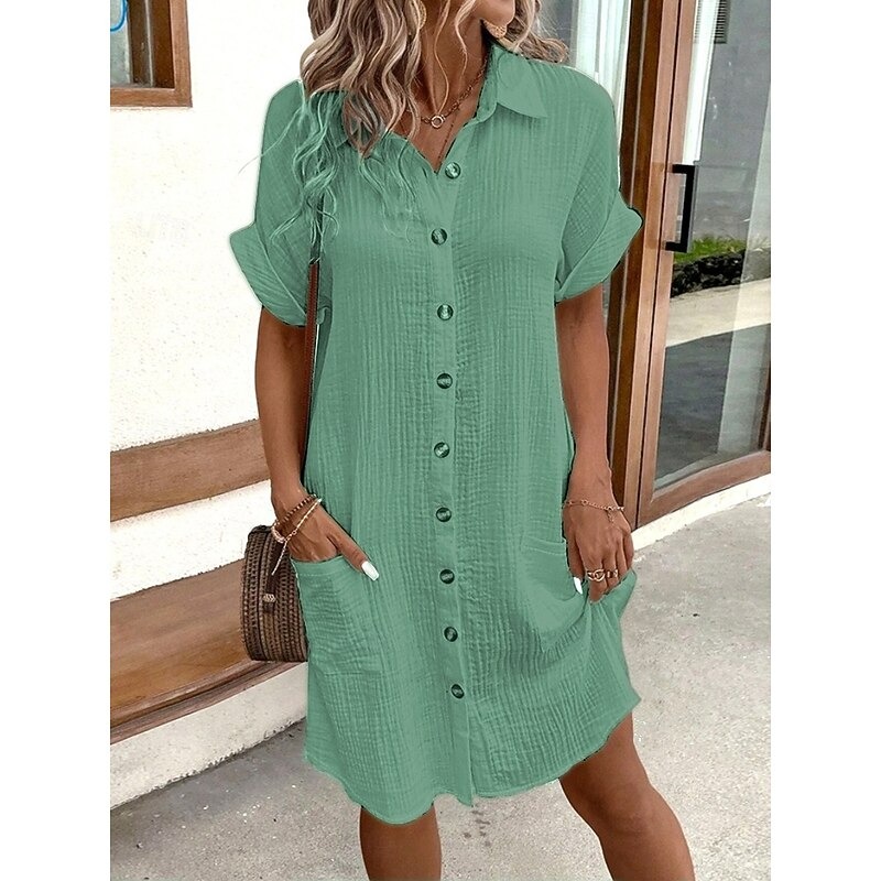 Women's Mini Dress Cotton Linen Dresses Shirt Dress Winter Dress Casual Vacation Regular Fit Plain Short Sleeve V Neck Black White Yellow Blue Summer