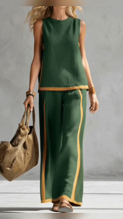Women's Round Neck Sleeveless Casual Loose Top And High-waisted Loose Wide-leg Pants Cotton And Linen Set.