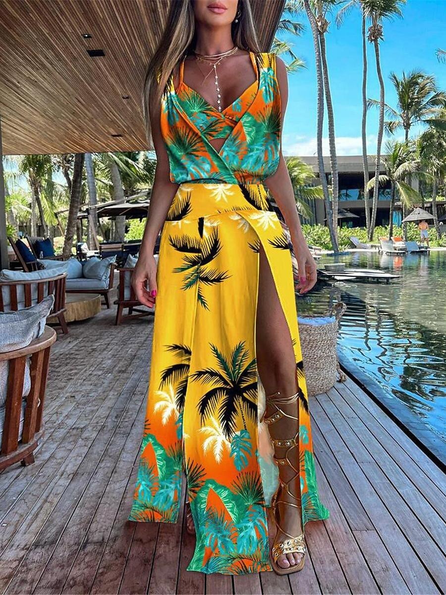 Women's Dress Set Casual Dress Skirt Set Swing Dress Fashion Modern Floral Plain Backless Split Long Dress Maxi Dress Sleeveless V Neck Outdoor Vacation Yellow Red Orange Summer Loose Fit