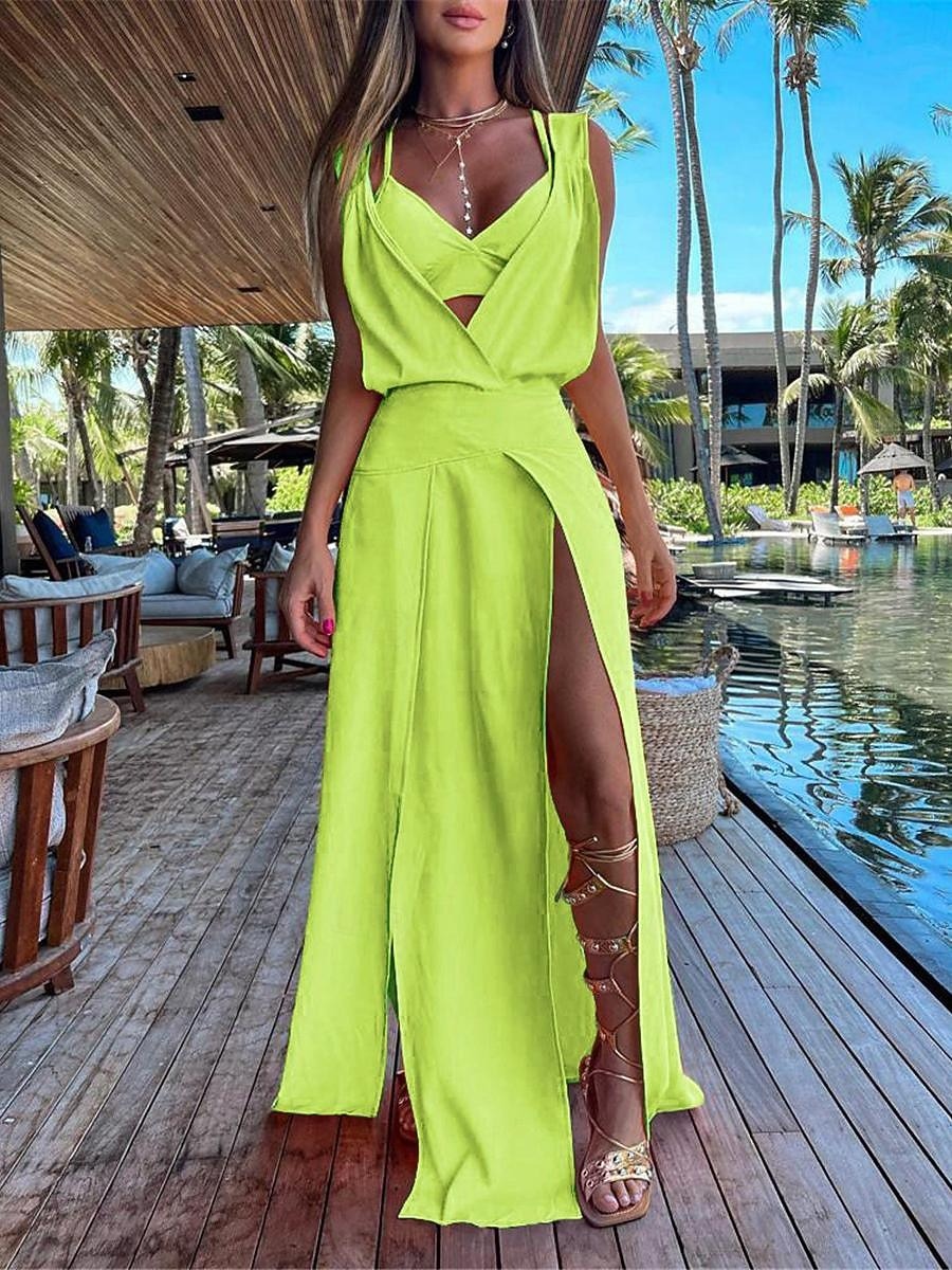 Women's Dress Set Casual Dress Skirt Set Swing Dress Fashion Modern Floral Plain Backless Split Long Dress Maxi Dress Sleeveless V Neck Outdoor Vacation Yellow Red Orange Summer Loose Fit