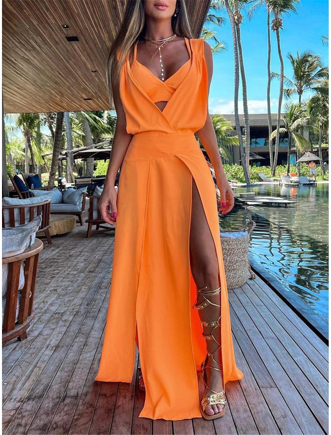 Women's Dress Set Casual Dress Skirt Set Swing Dress Fashion Modern Floral Plain Backless Split Long Dress Maxi Dress Sleeveless V Neck Outdoor Vacation Yellow Red Orange Summer Loose Fit