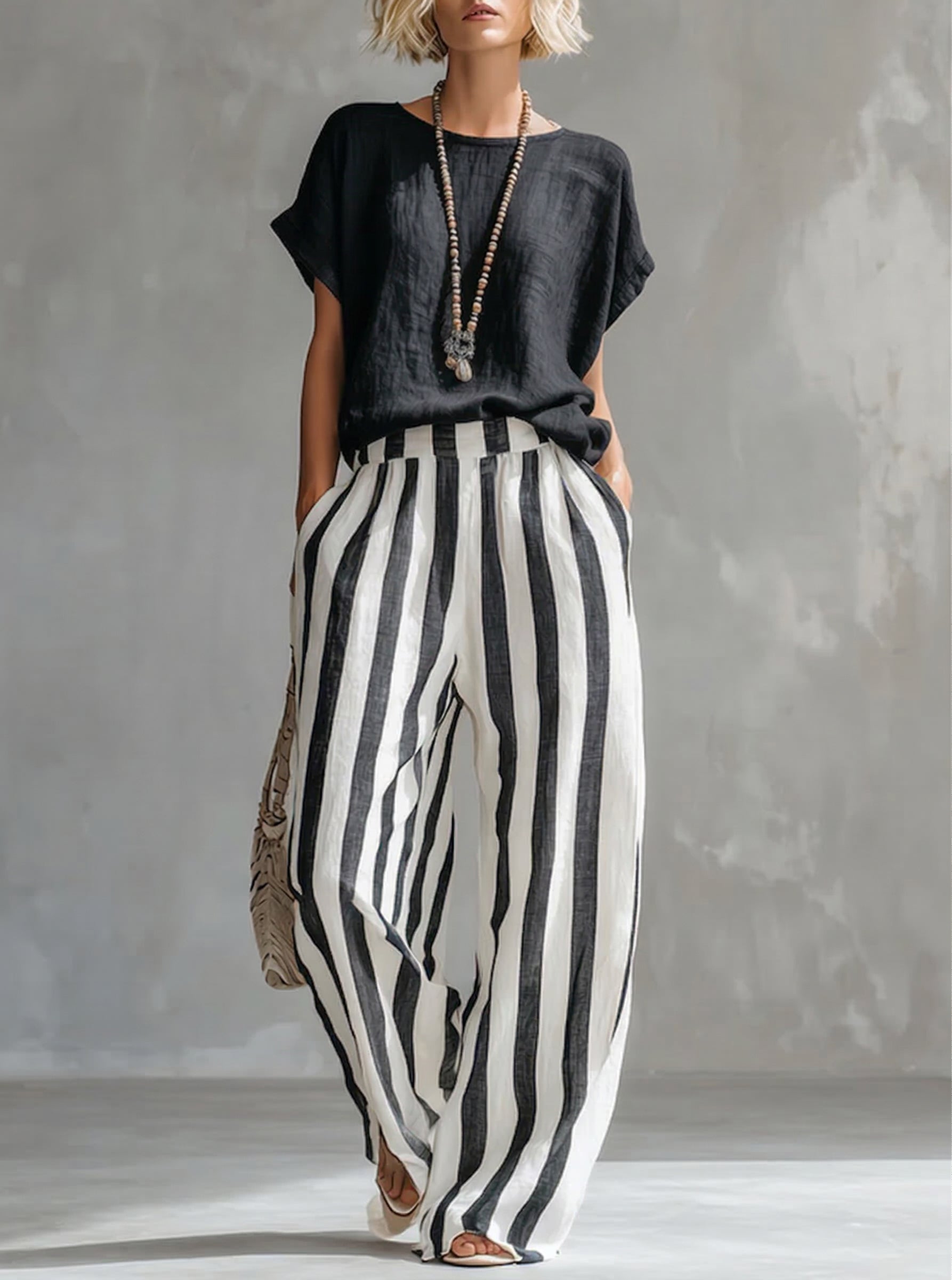 Cozy Loose-fit Striped Cotton-linen Two-piece Set