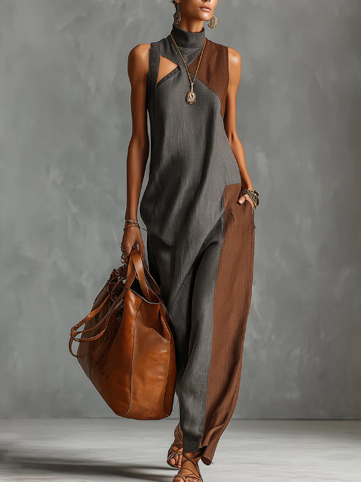 Fashionable Color-blocked Linen-cotton Maxi Dress