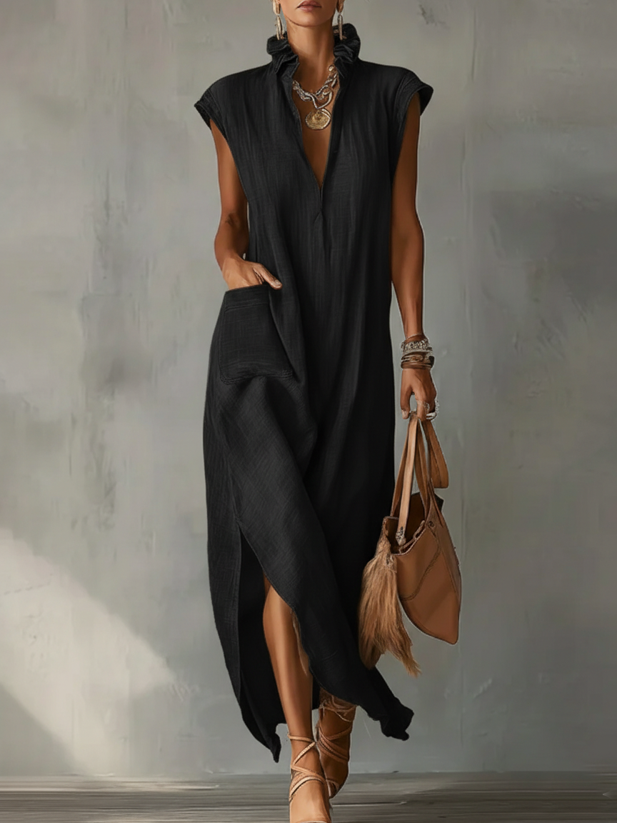 Women’s Ruffle Collar Cotton Linen Midi Dress – Elegant Summer Dress