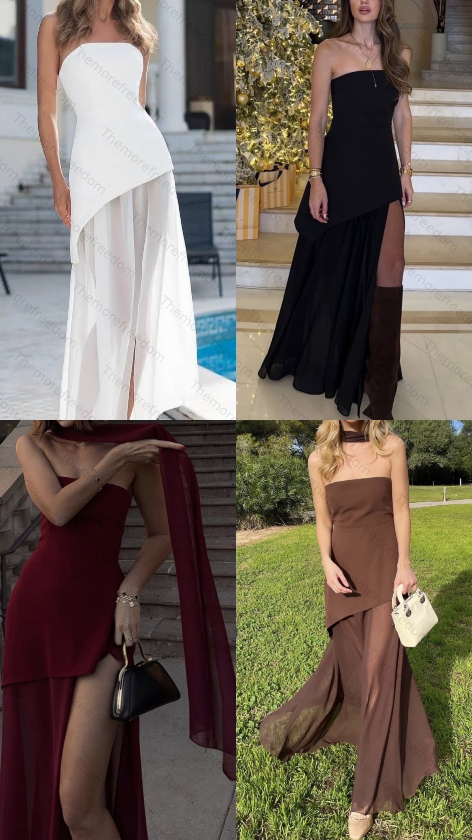 Women's stylish and elegant strapless solid-color mesh panel dress