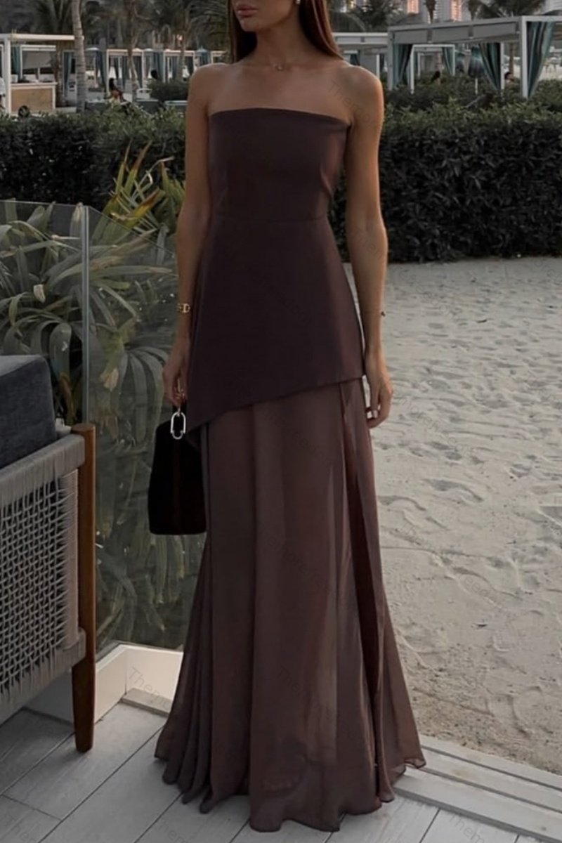 Women's stylish and elegant strapless solid-color mesh panel dress