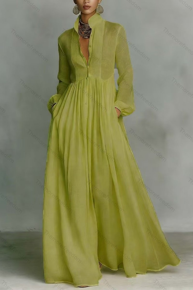 Women's elegant figure-flattering long-sleeved pleated A-line dress perfect for vacations and inspired by French style