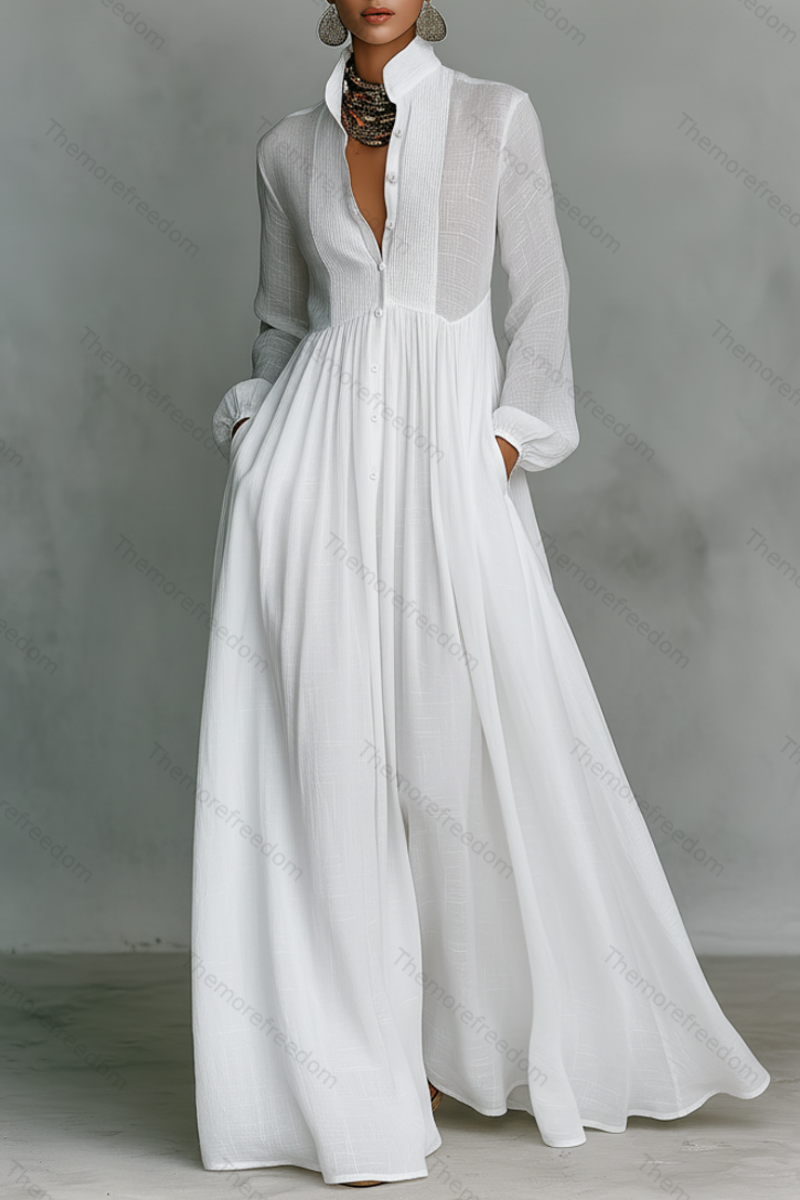 Women's elegant figure-flattering long-sleeved pleated A-line dress perfect for vacations and inspired by French style