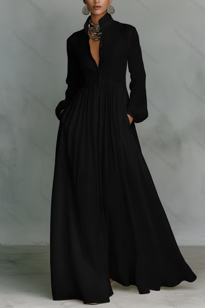 Women's elegant figure-flattering long-sleeved pleated A-line dress perfect for vacations and inspired by French style