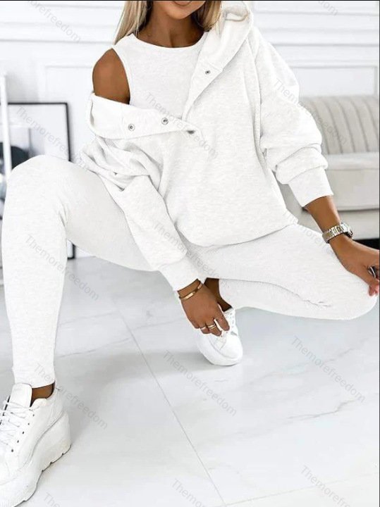 Women's casual sportswear set thickened hooded sweatshirt ribbed slim-fit vest and pants three-piece set