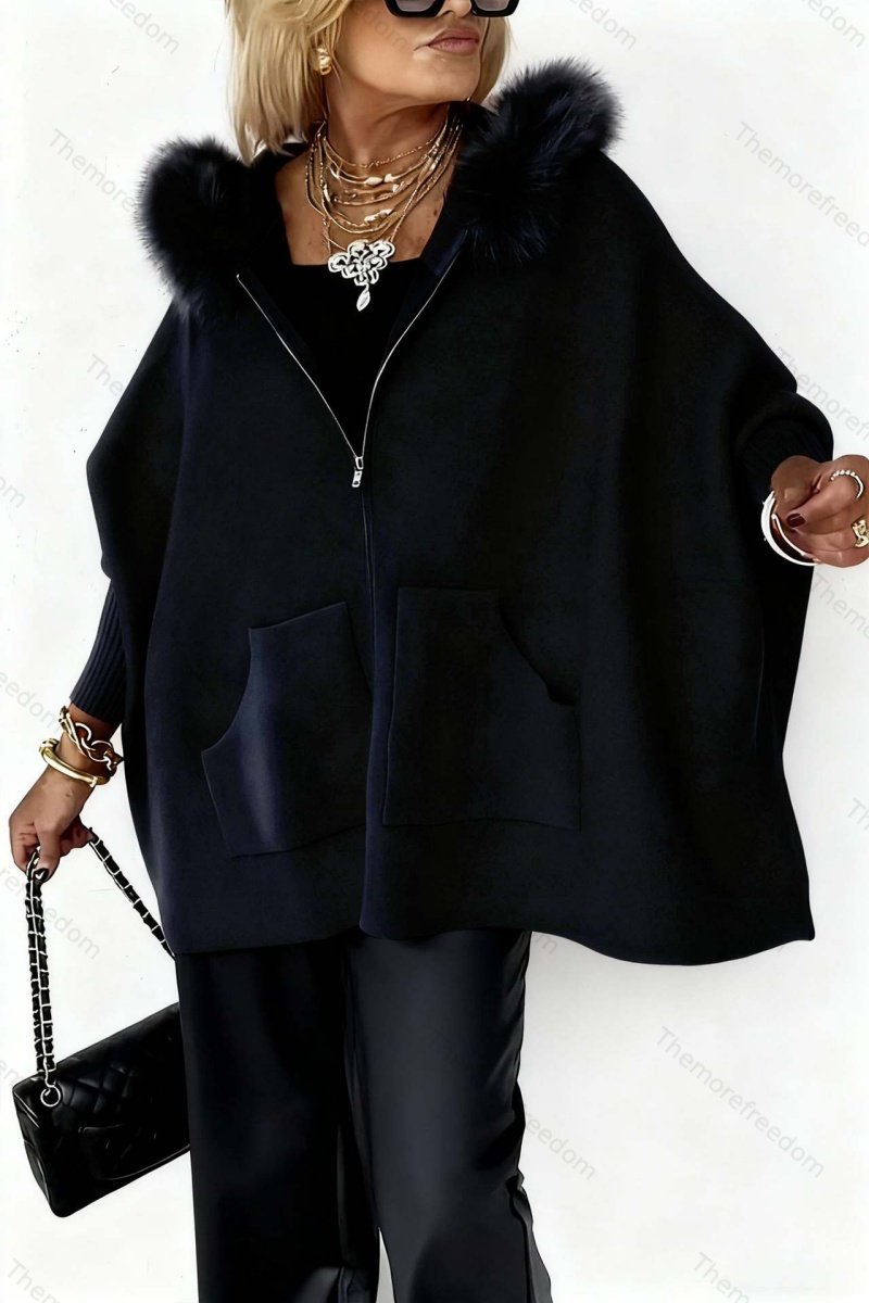 Women's fashionable loose-fitting knitted hooded jacket with pockets and a large fur collar