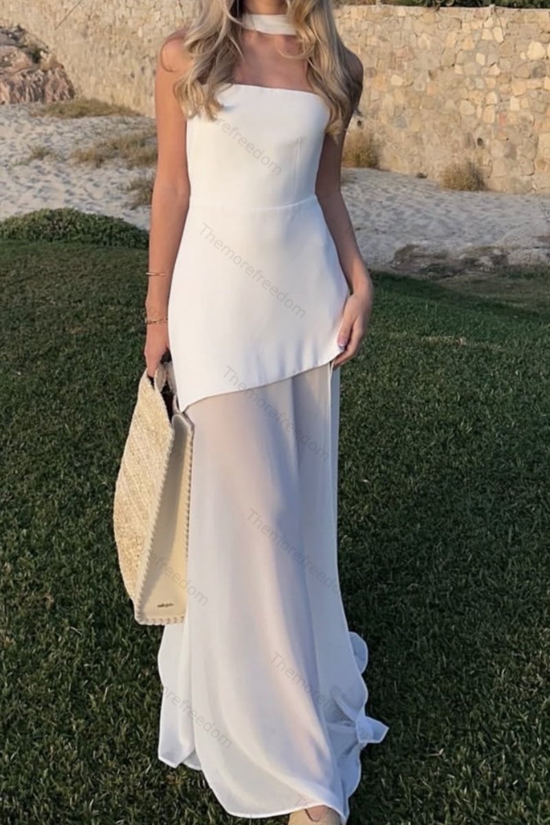 Women's stylish and elegant strapless solid-color mesh panel dress