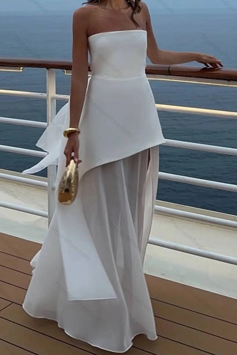 Women's stylish and elegant strapless solid-color mesh panel dress