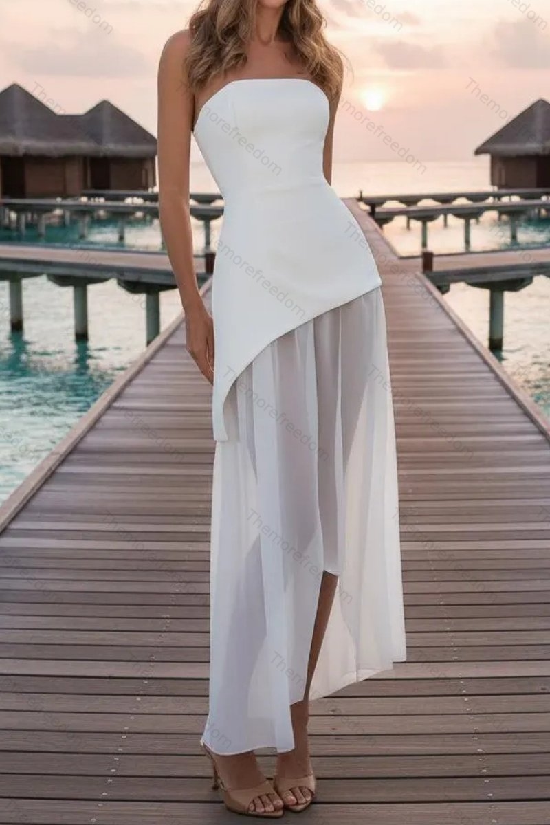 Women's stylish and elegant strapless solid-color mesh panel dress