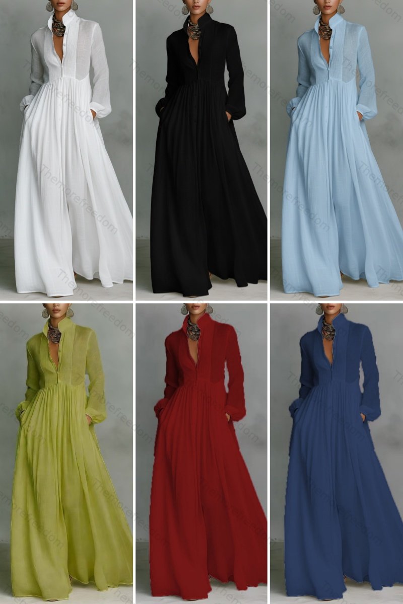 Women's elegant figure-flattering long-sleeved pleated A-line dress perfect for vacations and inspired by French style