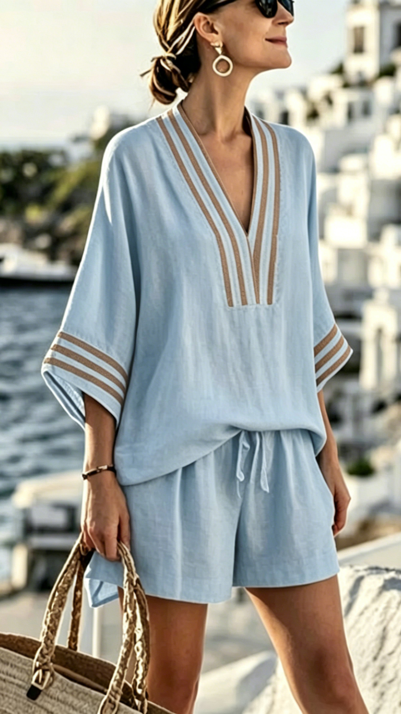 Women's V-Neck Striped Loose-Fit Casual Two-Piece Set