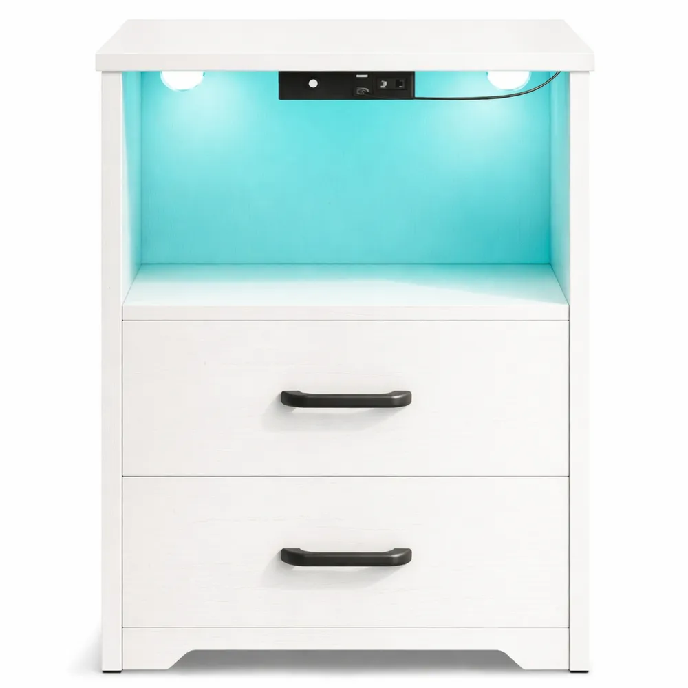 Comodino Bianco con LED Multicolore e Porte USB-Kasaux