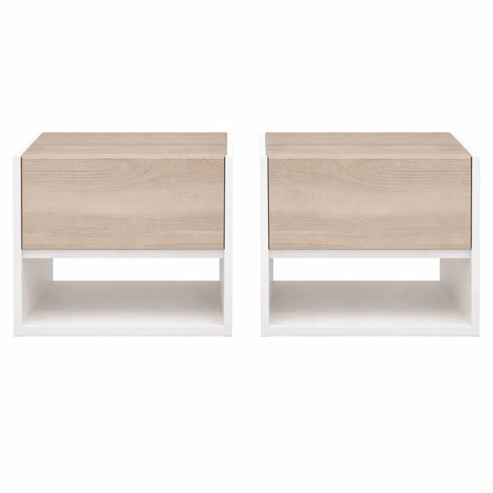 Set di 2 comodini sospesi con cassetto e mensola, arredamento moderno per camera da letto, bianco e rovere-Nestglanzes