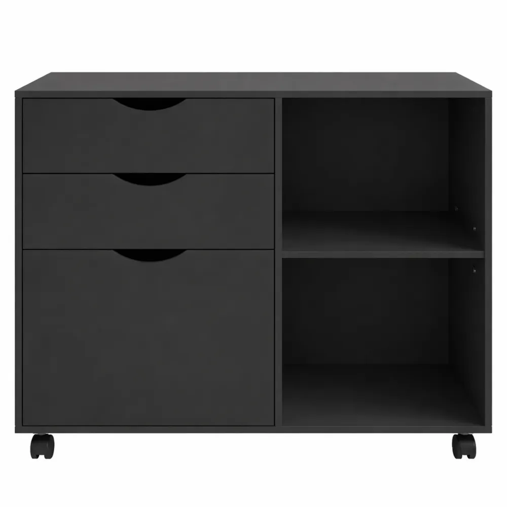 Schedario mobile con cassetti e ripiani aperti per ufficio, nero-Kasaux