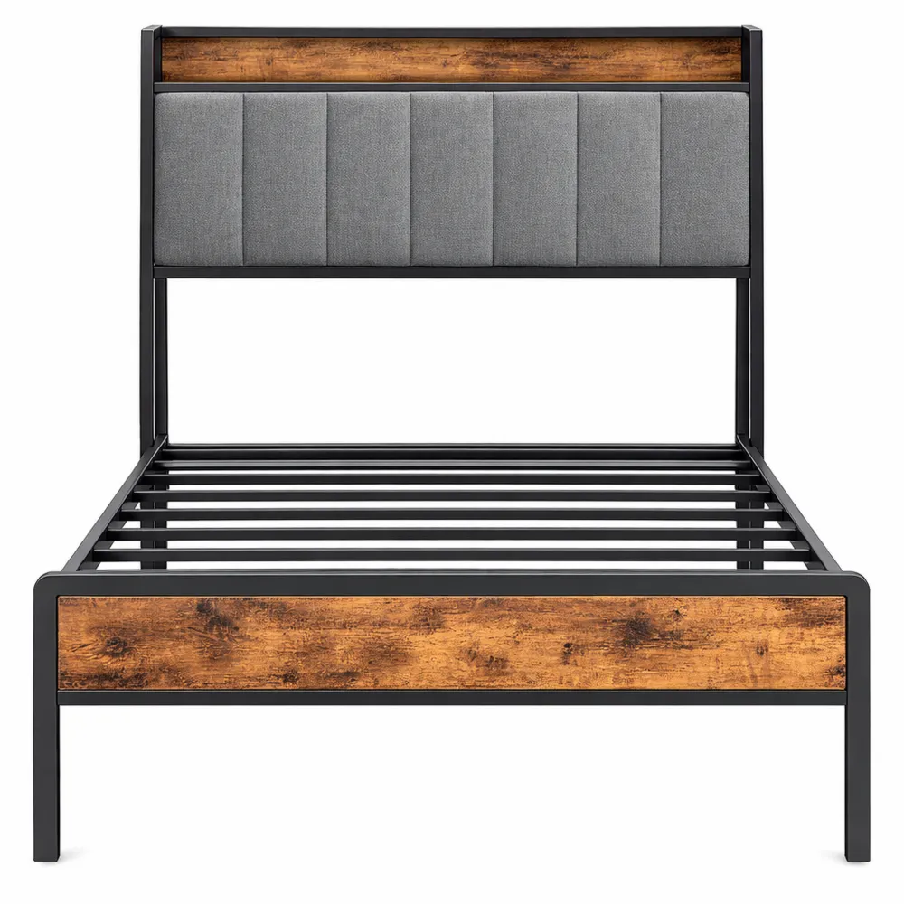 Letto Imbottito con Rete a Doghe in Legno e Metallo, Piattaforma Silenziosa con Spazio di Archiviazione, Grigio Chiaro, 90x200 cm-Nestglanzes