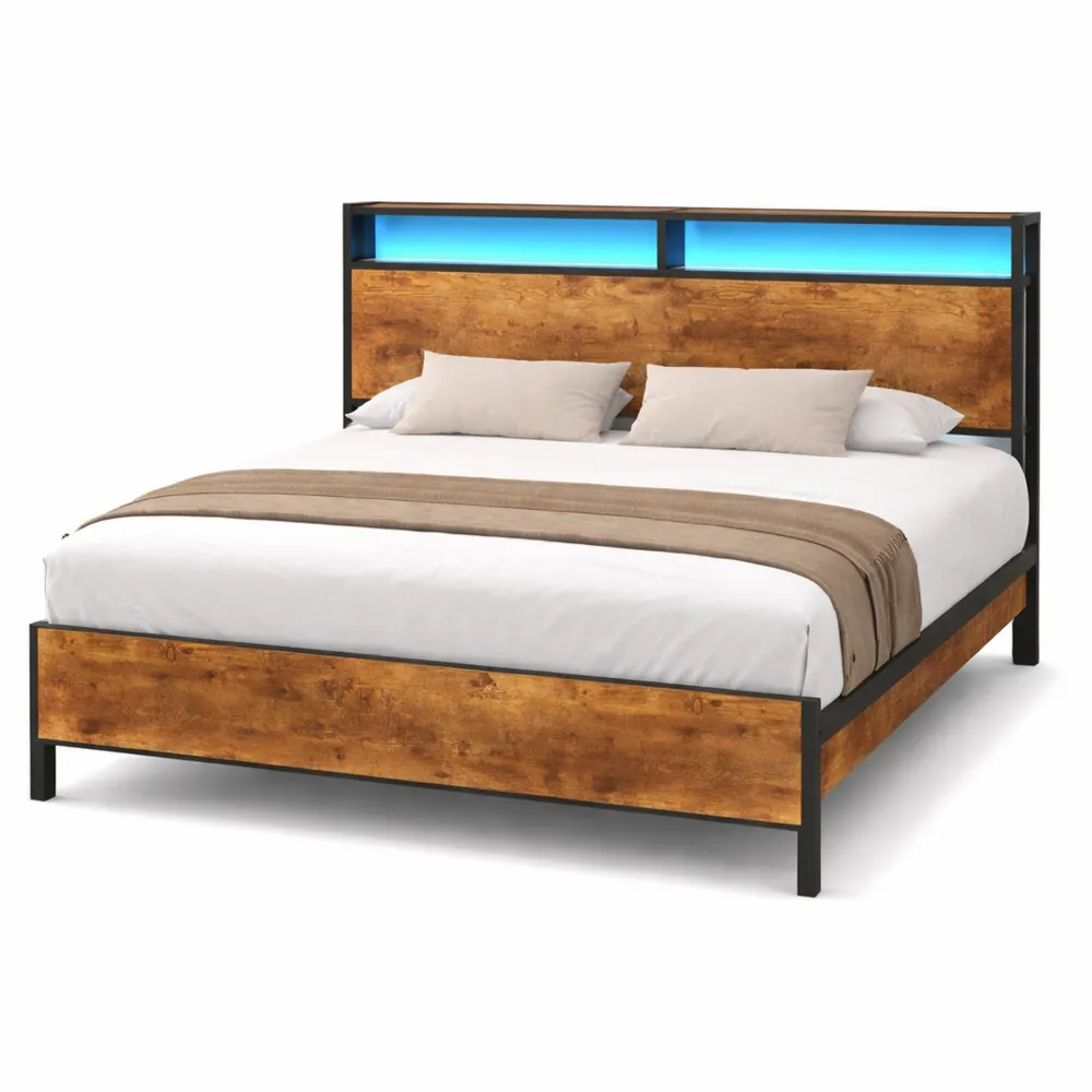 Letto Matrimoniale 120x200 cm con Luce LED e Ricarica USB, Metallo, Facile Montaggio, Marrone Moderno-Nestglanzes
