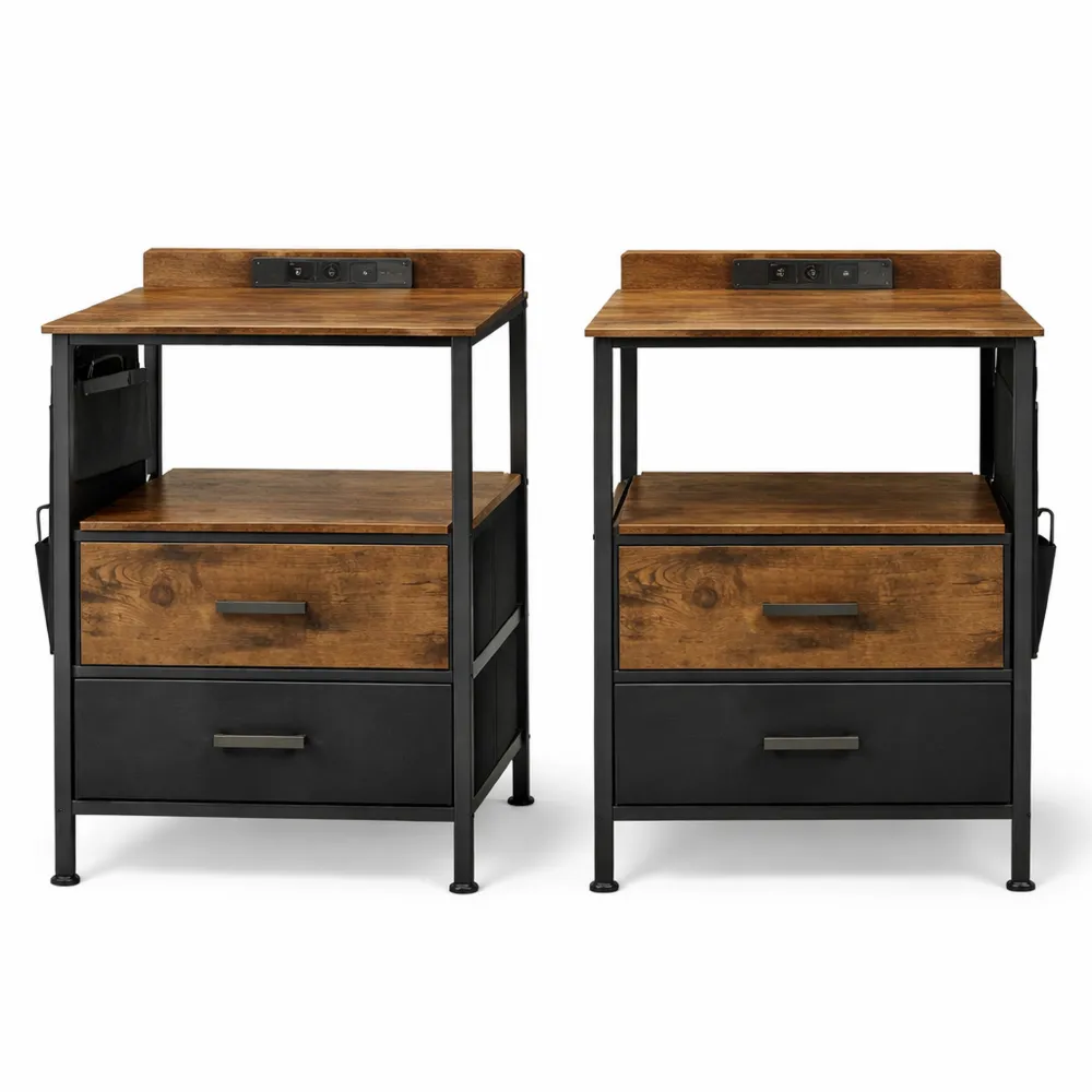 Comodino con Presa di Corrente e Tasche Laterali, Set di 2, Tavolini con Cassetti e Porte USB, per Soggiorno e Camera, Montaggio Facile-Nestglanzes