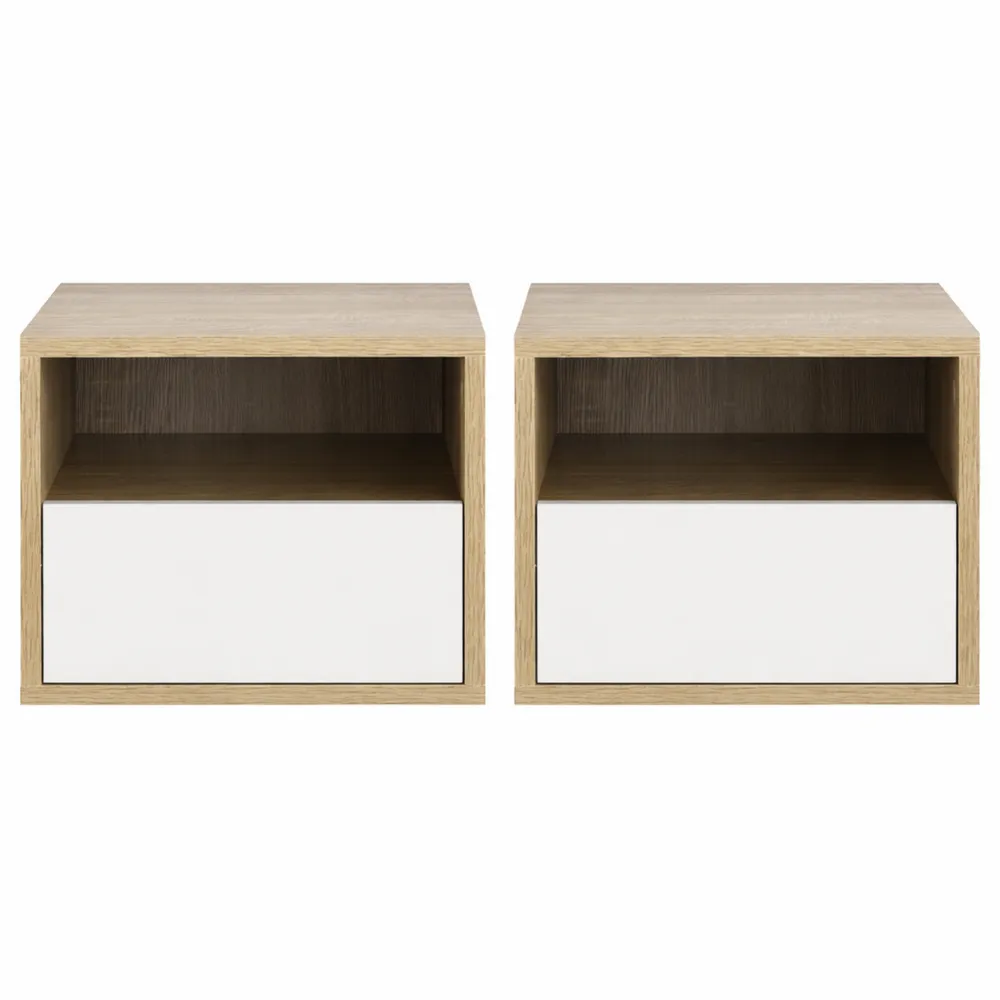 Set di Comodini Sospesi Moderni con Cassetto e Ripiano, 45x35x27.5cm, Bianco e Legno Naturale-Kasaux