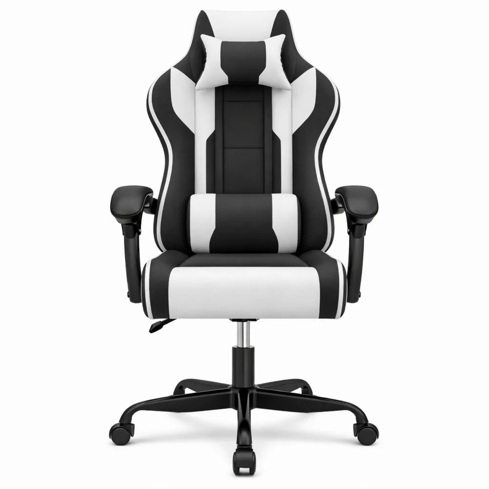 Poltrona Gaming Ergonomica con Poggiapiedi, Massaggio e Regolazione Pneumatica, 150 Kg, Bianco e Nero-Nestglanzes