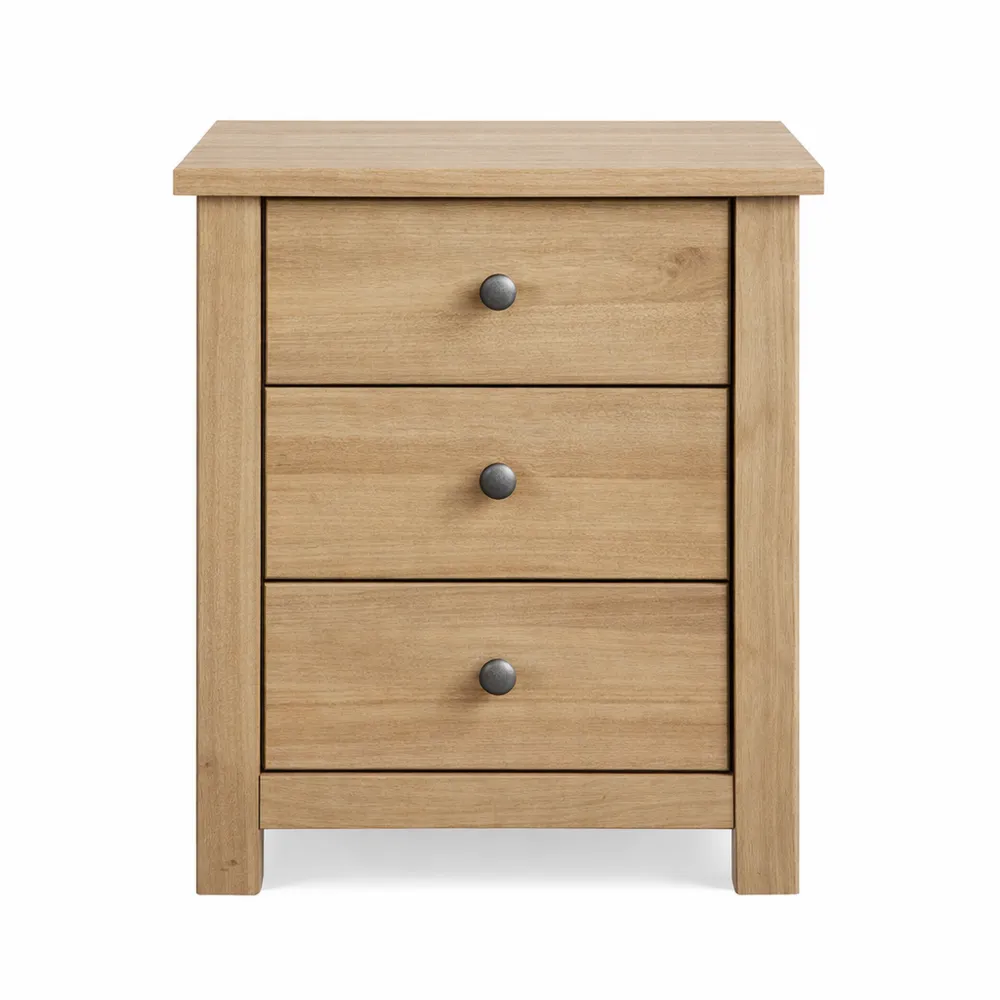 Comodino in Rovere Naturale con 3 Cassetti per Camera da Letto-Kasaux