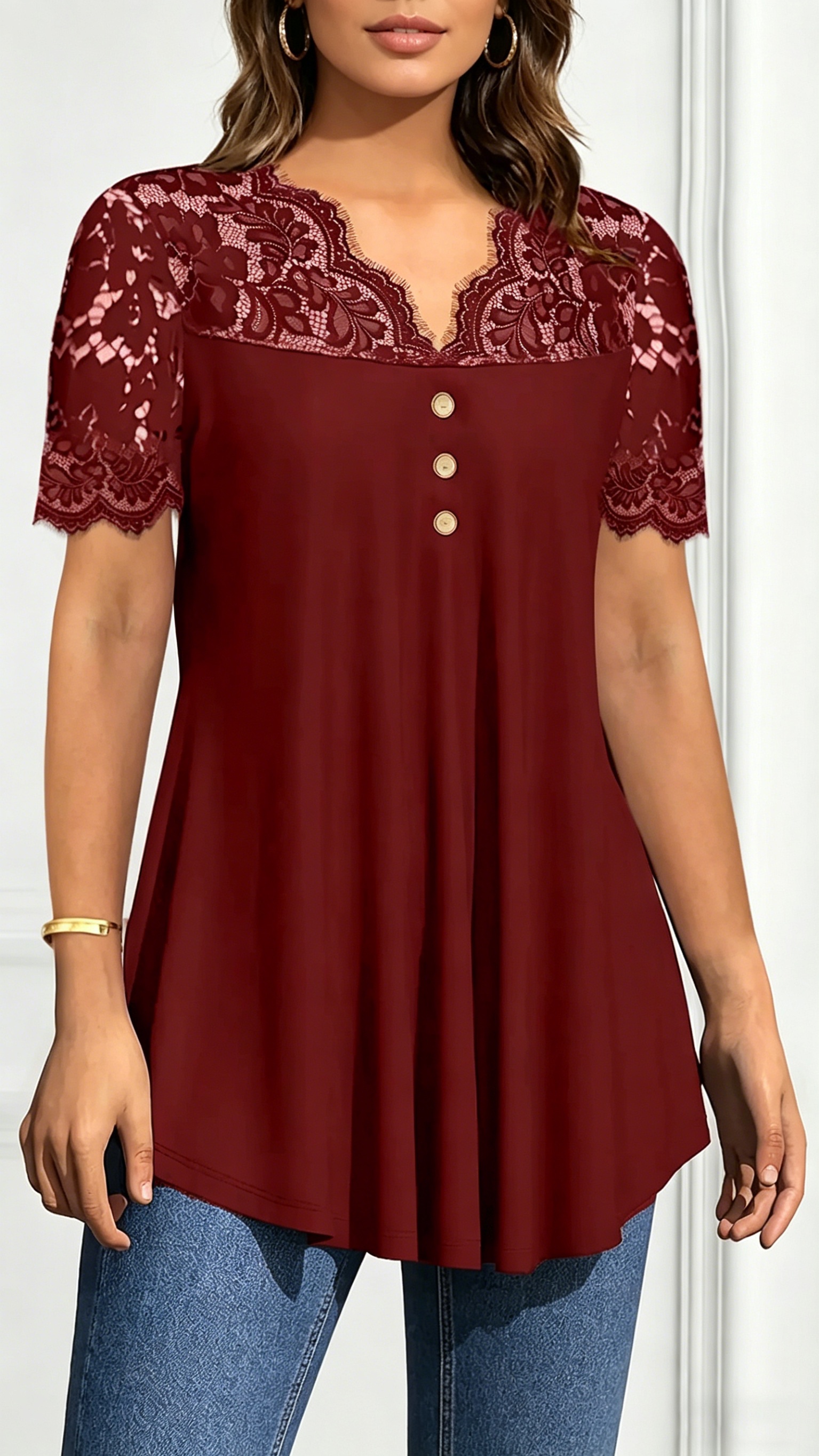 Women's Lace V-Neck Waist-Cinching Top