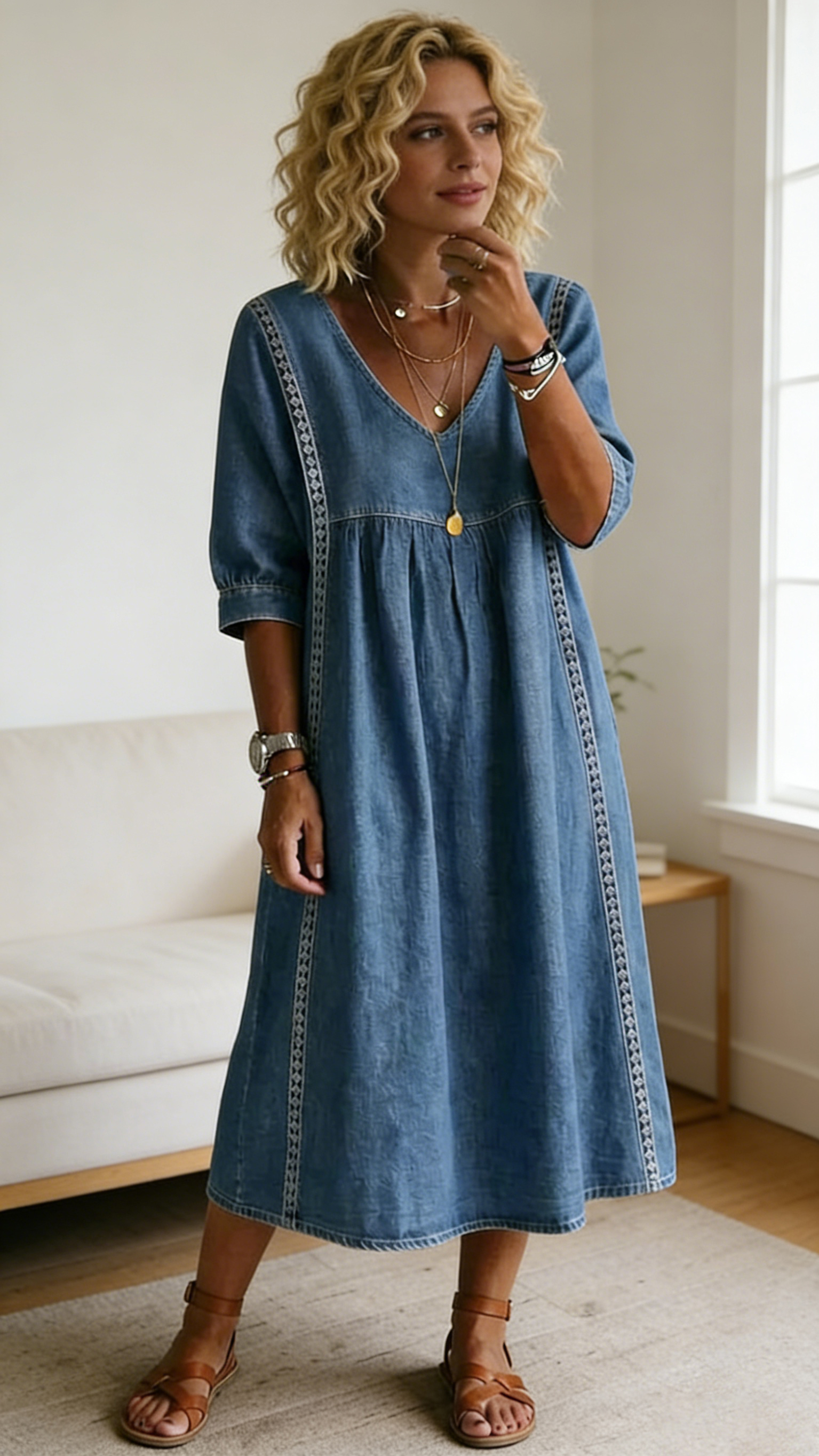 Casual loose-fit vintage faux denim dress