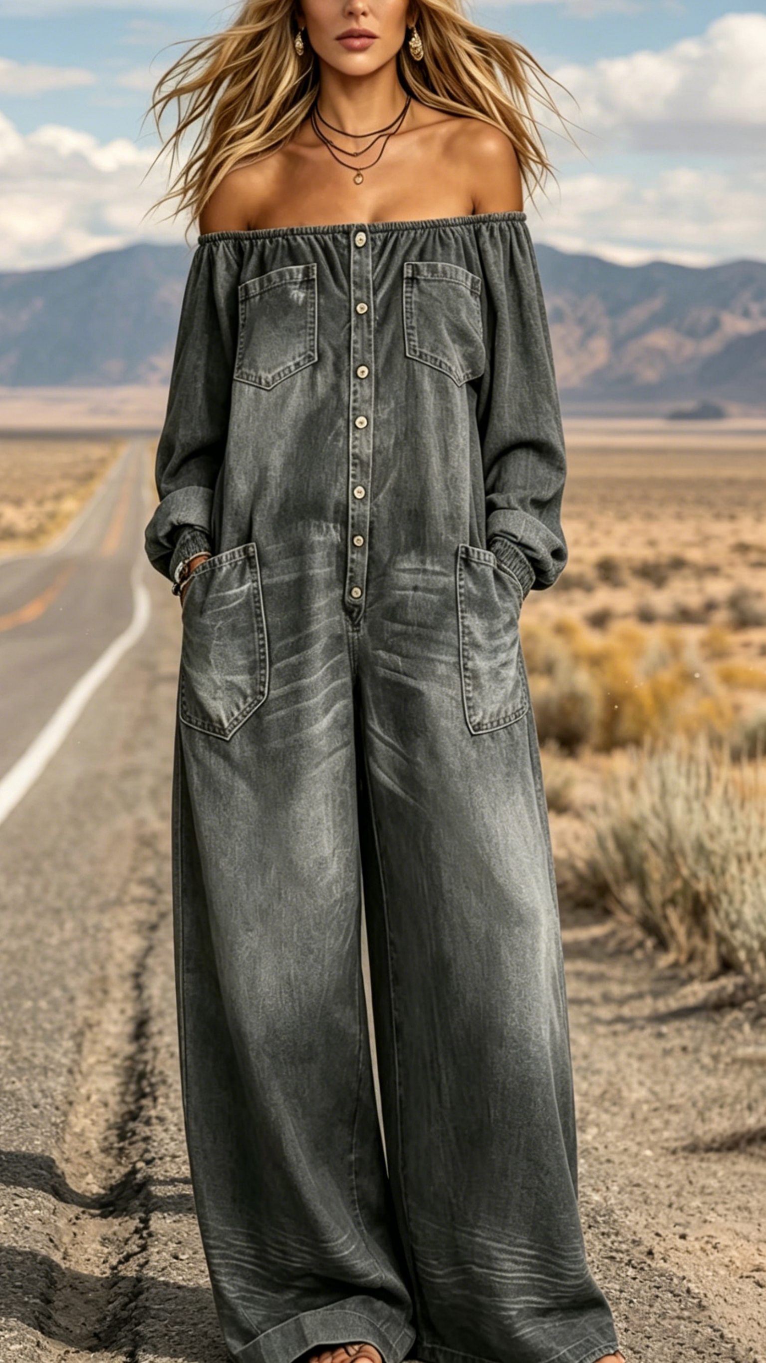 Women's Single-Breasted, Off-Shoulder, Washed Faux-Denim Jumpsuit
