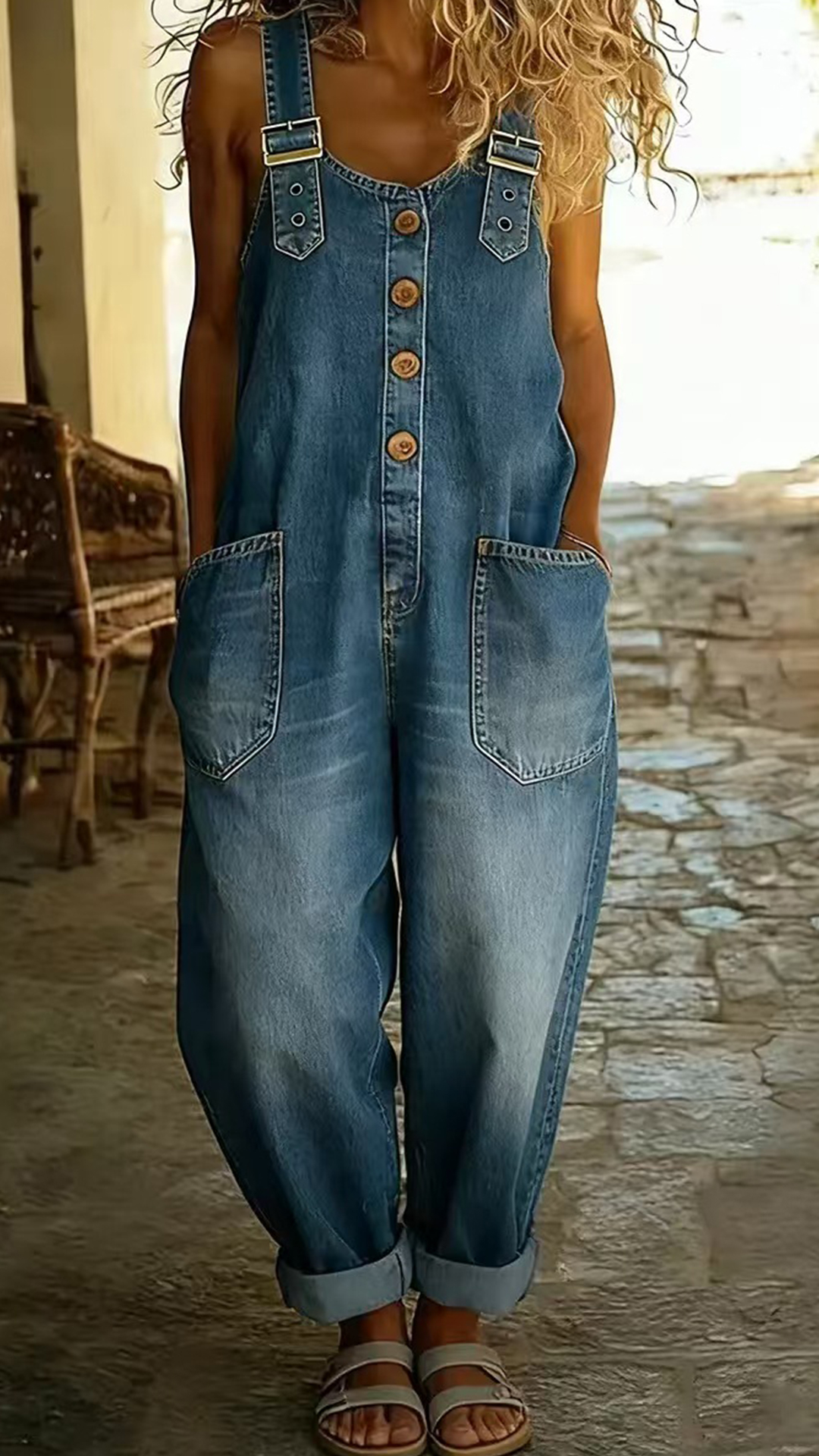 Women's Denim Vintage Overalls Loose Jumpsuit