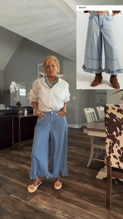 Women's fashionable casual wide-leg cropped jeans with ruffled hem