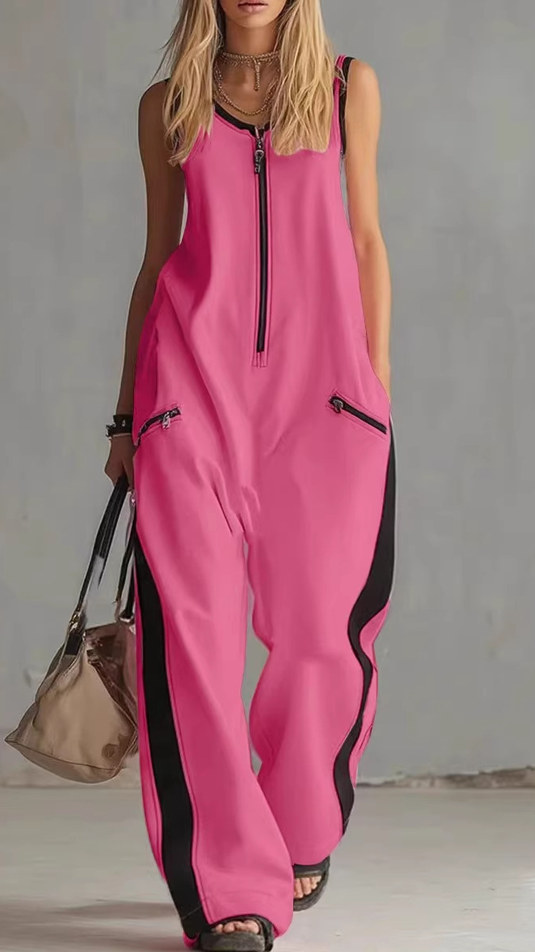 2026 Cross-Border European And American Summer New Amazon Independent Station Foreign Trade Zipper Round Neck Sleeveless Casual Cotton Wide Leg