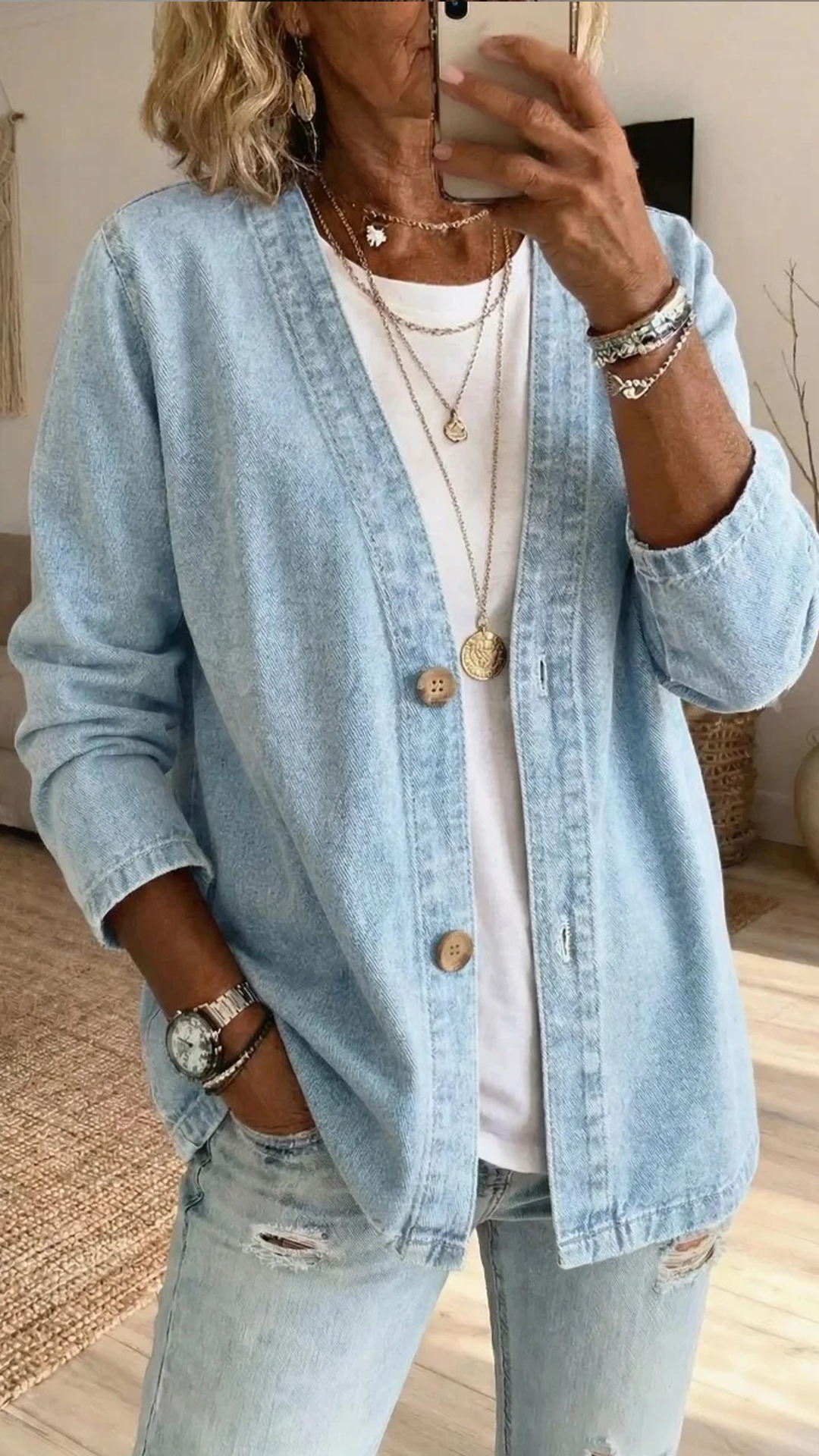 Women's Polyester Denim-Like V-Neck Cardigan