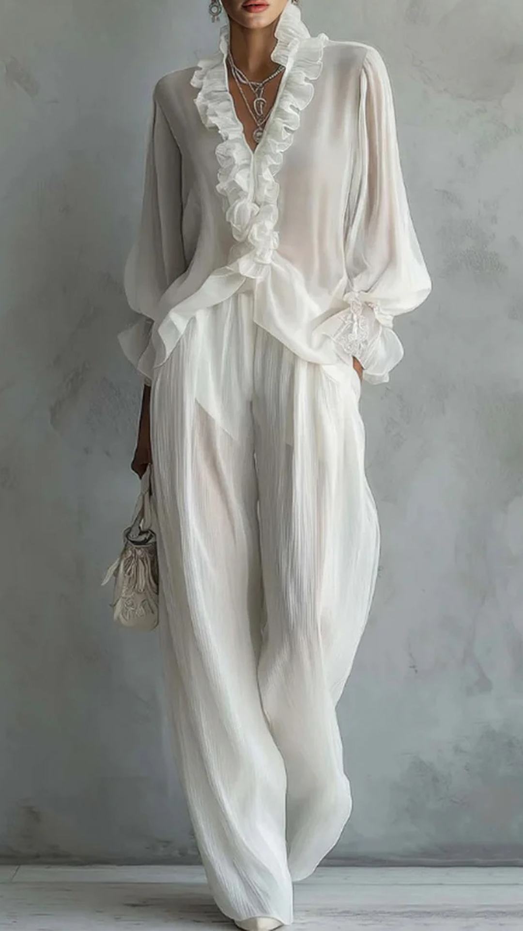 Lace Long Sleeve Shirt And Wide Leg Pants Set