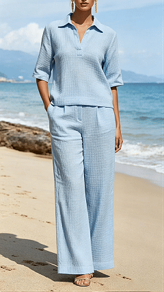 Women's Waffle Knit Polo Collar Wide-Leg Set