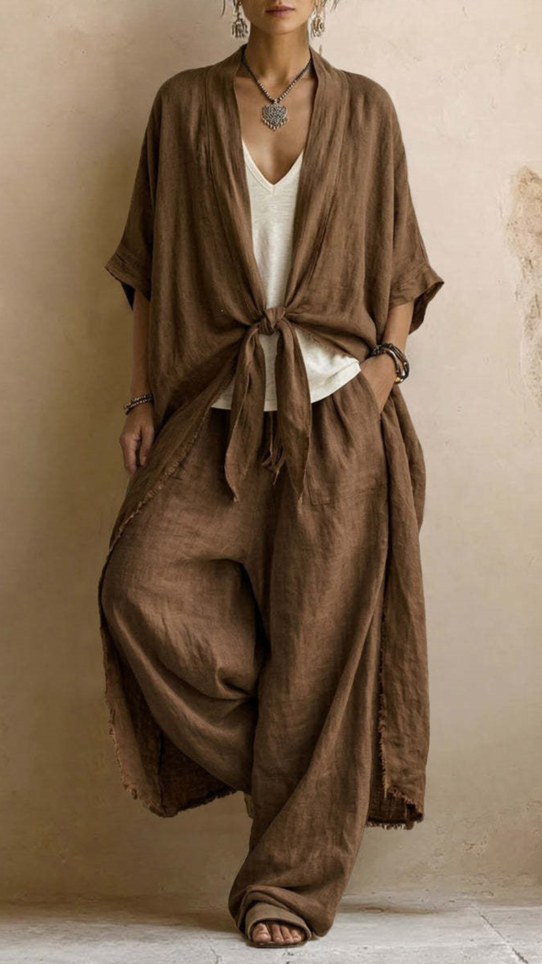 Vintage-effect Polyester Tie-front Cardigan & Wide-leg Pants Set