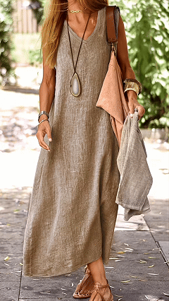 Women's Vintage-effect V-neck Sleeveless Loose Maxi Dress