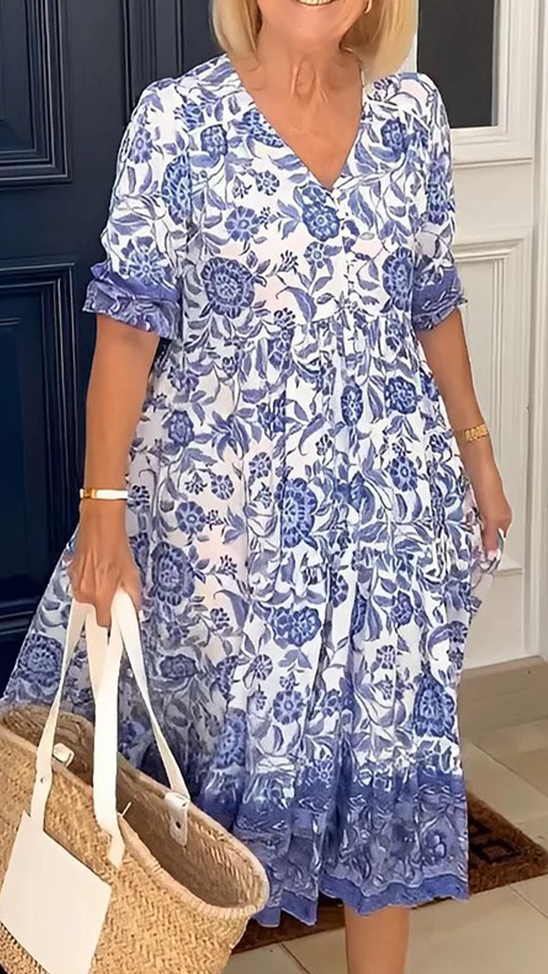 Women's Blue and White Porcelain Print V-Neck Loose Ruffled Midi Dress