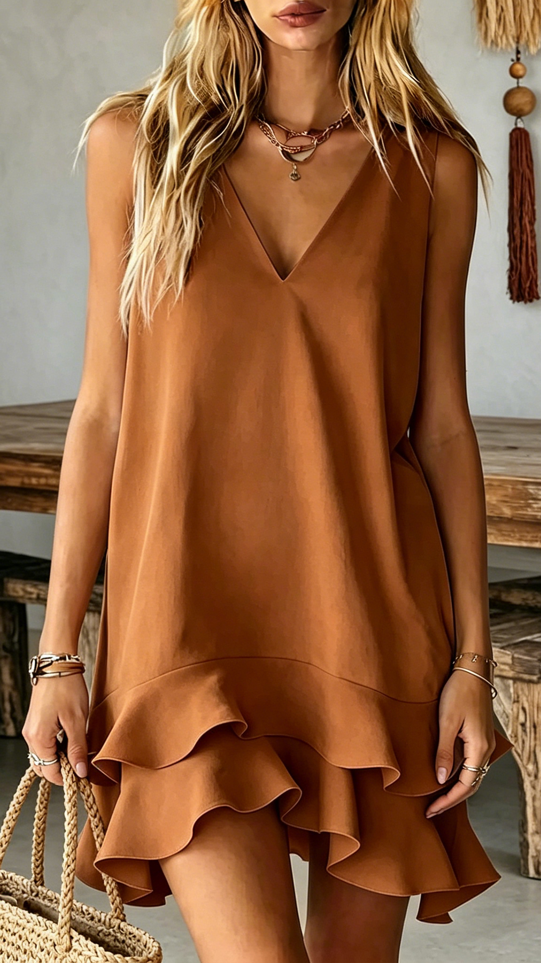 Women's V-Neck Ruffle Hem Sleeveless Dress