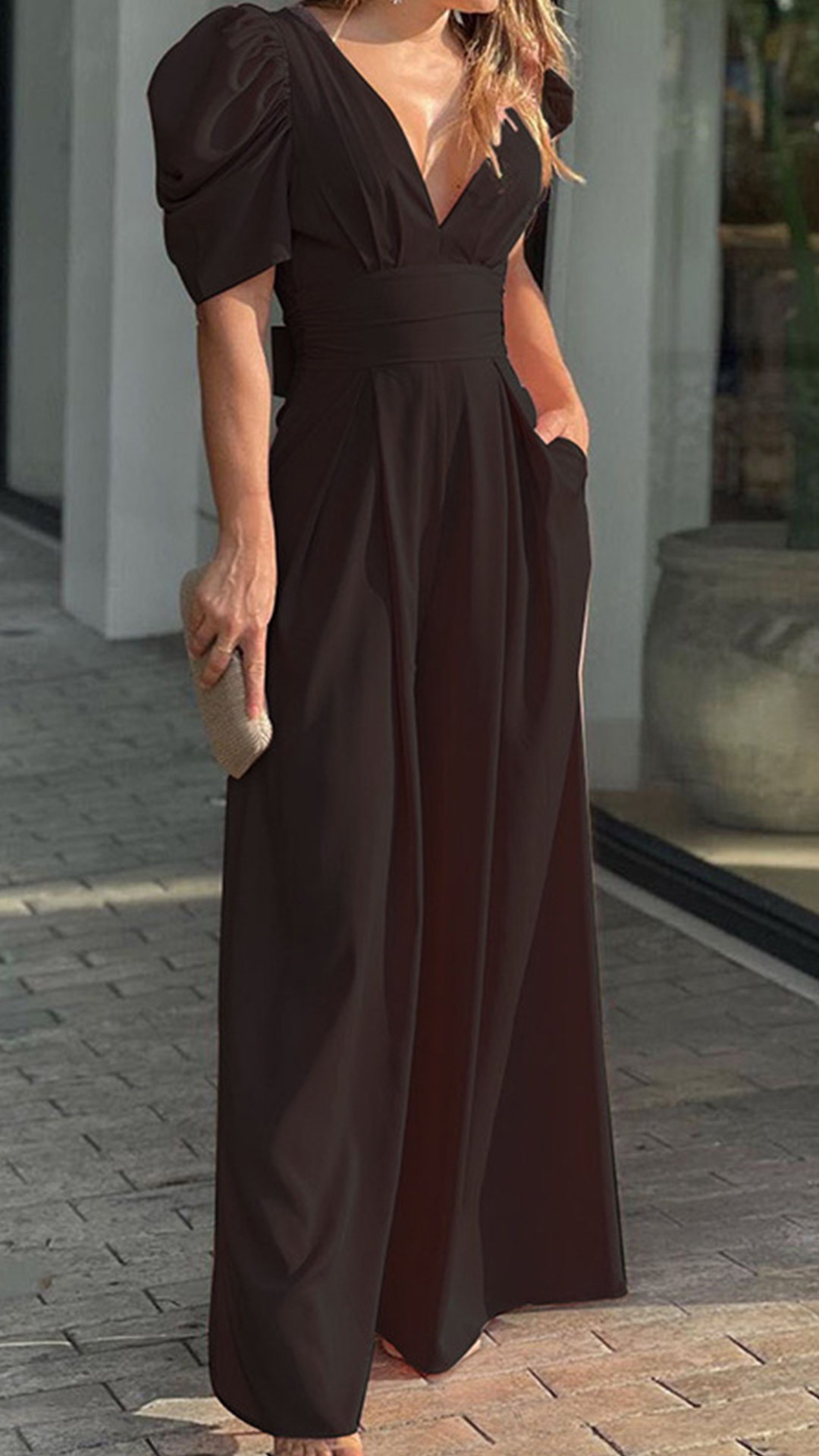 Women's V-Neck Puff Sleeve Jumpsuit